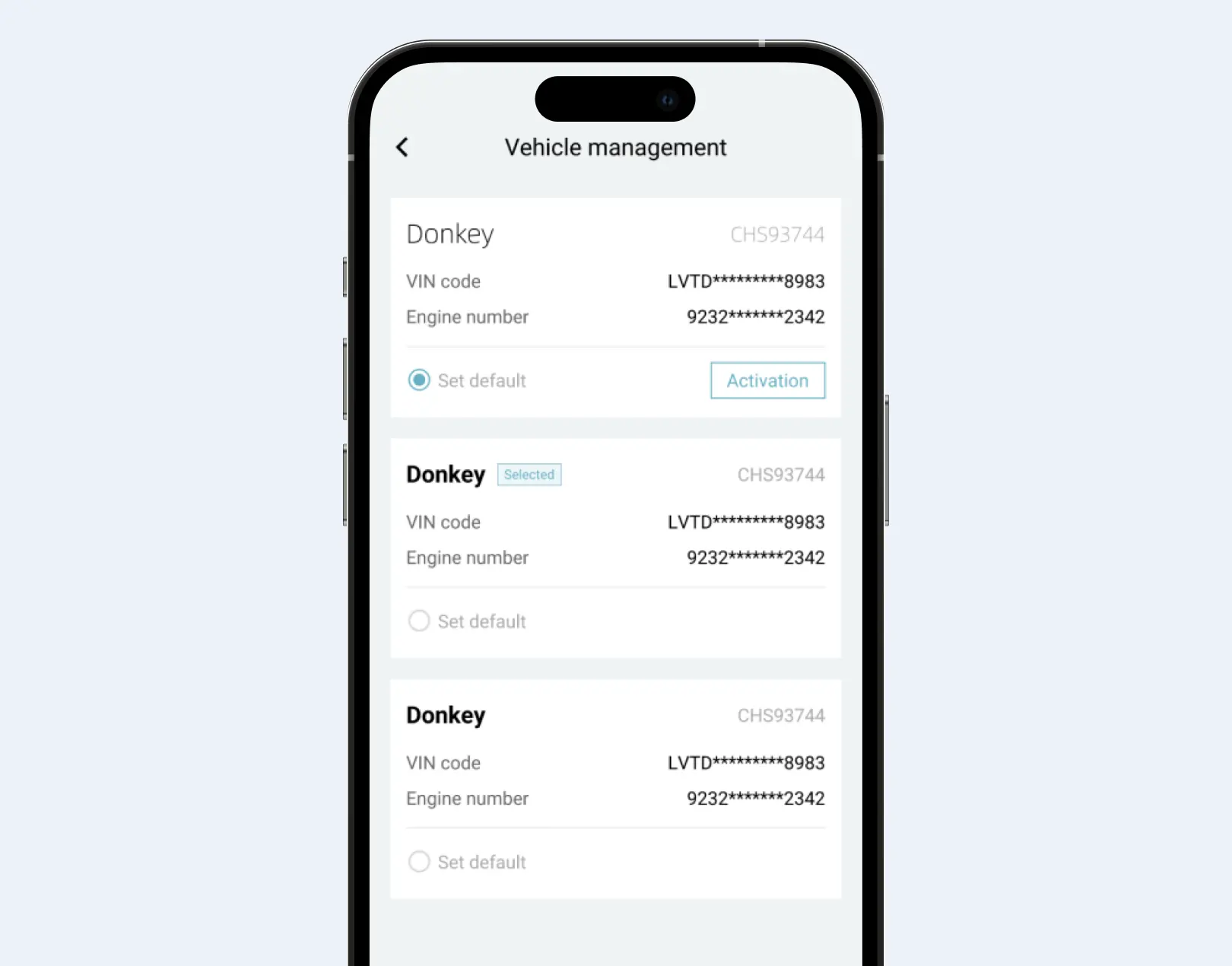 Example of Vehicle management section of Mobile App