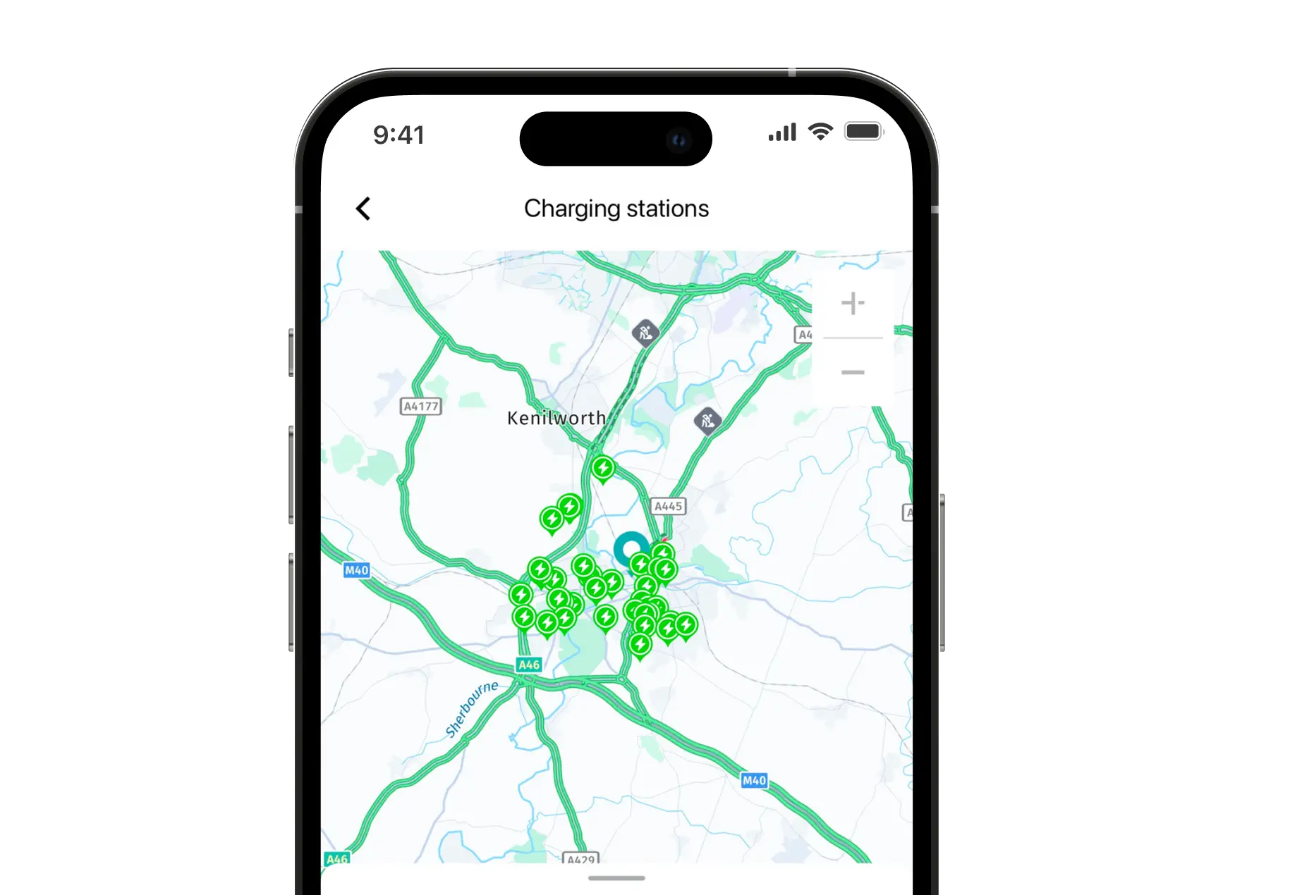 Example of charging stations shown on mobile app