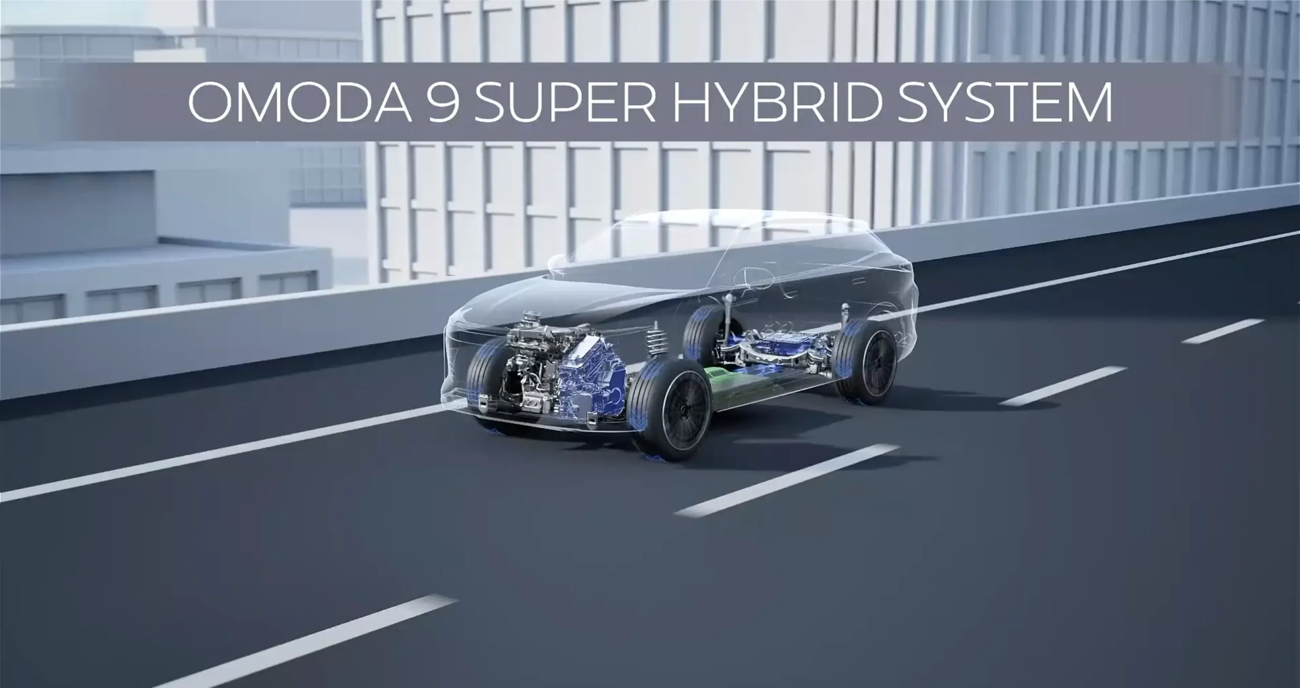 Infographic of the OMODA 9 Super Hybrid System in a see through car on the road