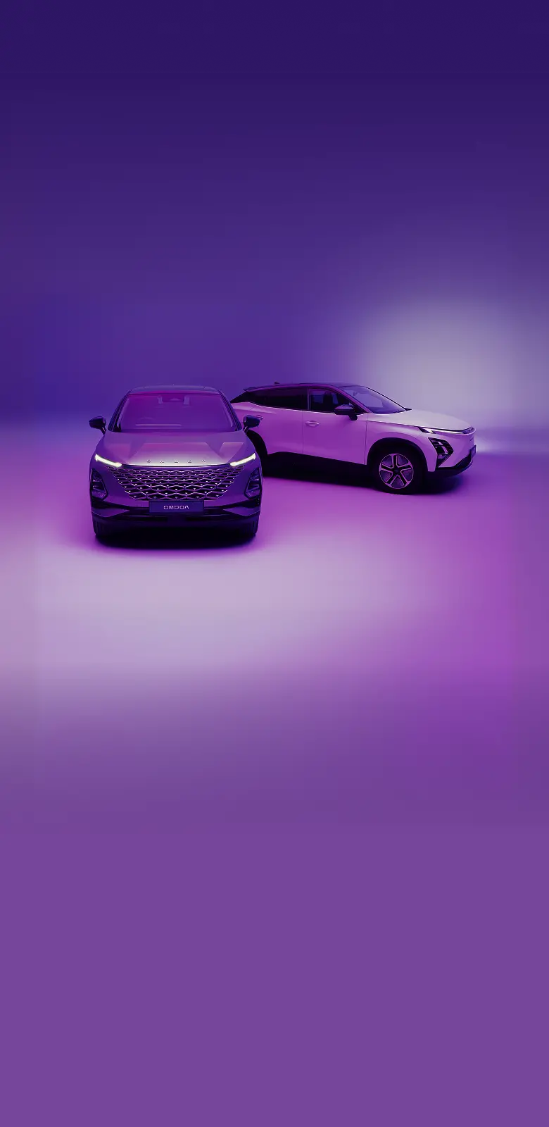 Grey and White OMODAs parked in a white and purple background